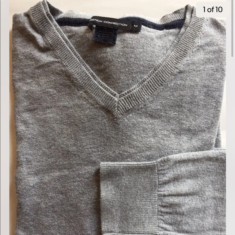 French Connection V-Neck Men Sweater Cotton M Long Sleeve Gray